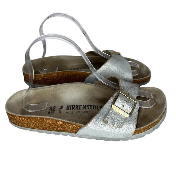 Birkenstock Madrid Metallic Silver Leather Big Buckle Sandals Slip On Size 8 - Picture 1 of 10